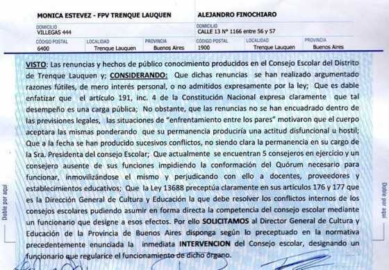  Desde el FPV le piden a Finocchiaro que intervenga el Concejo Escolar